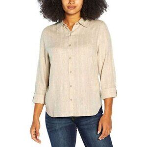 Orvis Linen Blend Shirt Womens Size L Khaki Striped Button Down Granola Normcore